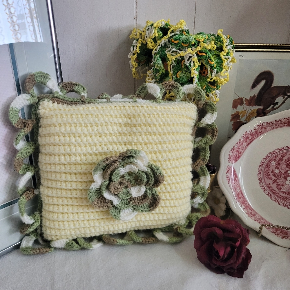 Crochet Mini Pillow with Floral Design Hand Crafted Olive Green Cream